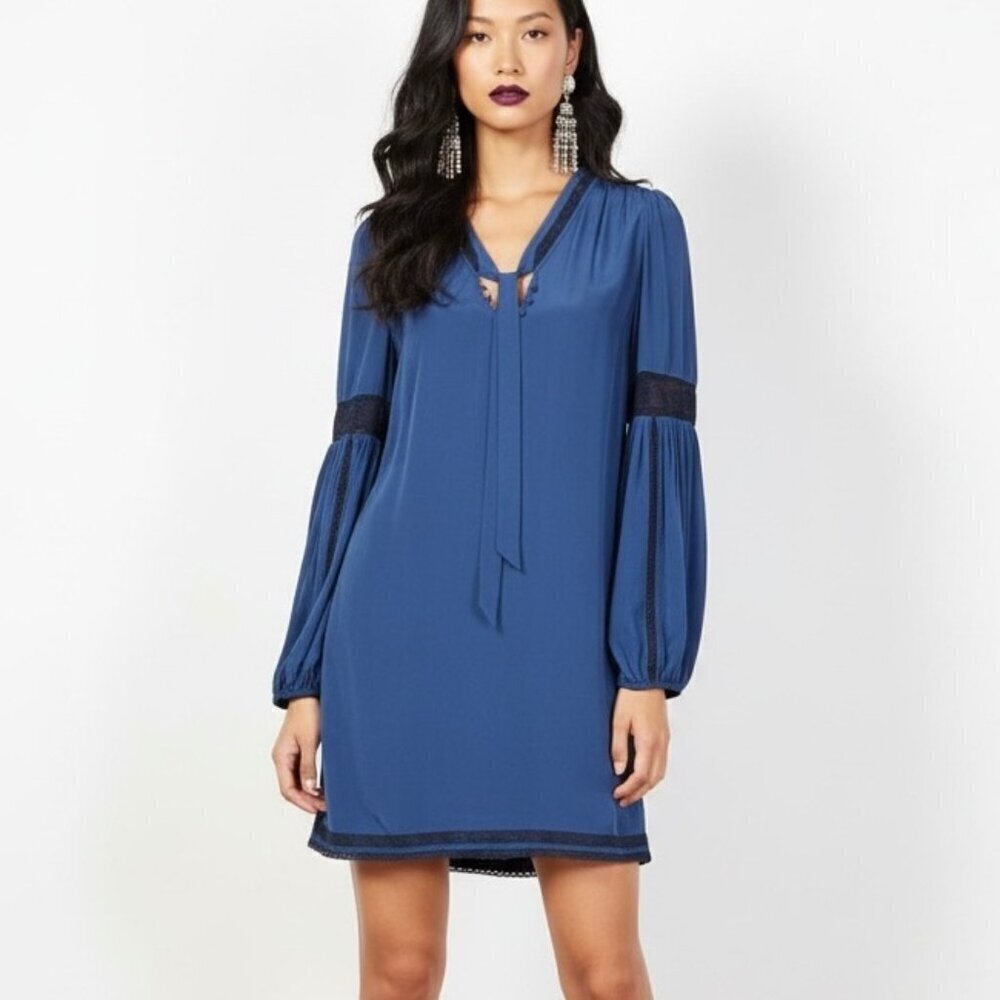 Joie Boho Mini Shift Dress Sz S Blue Lace Tie Neck Bell Sleeve Whimsigoth Indie